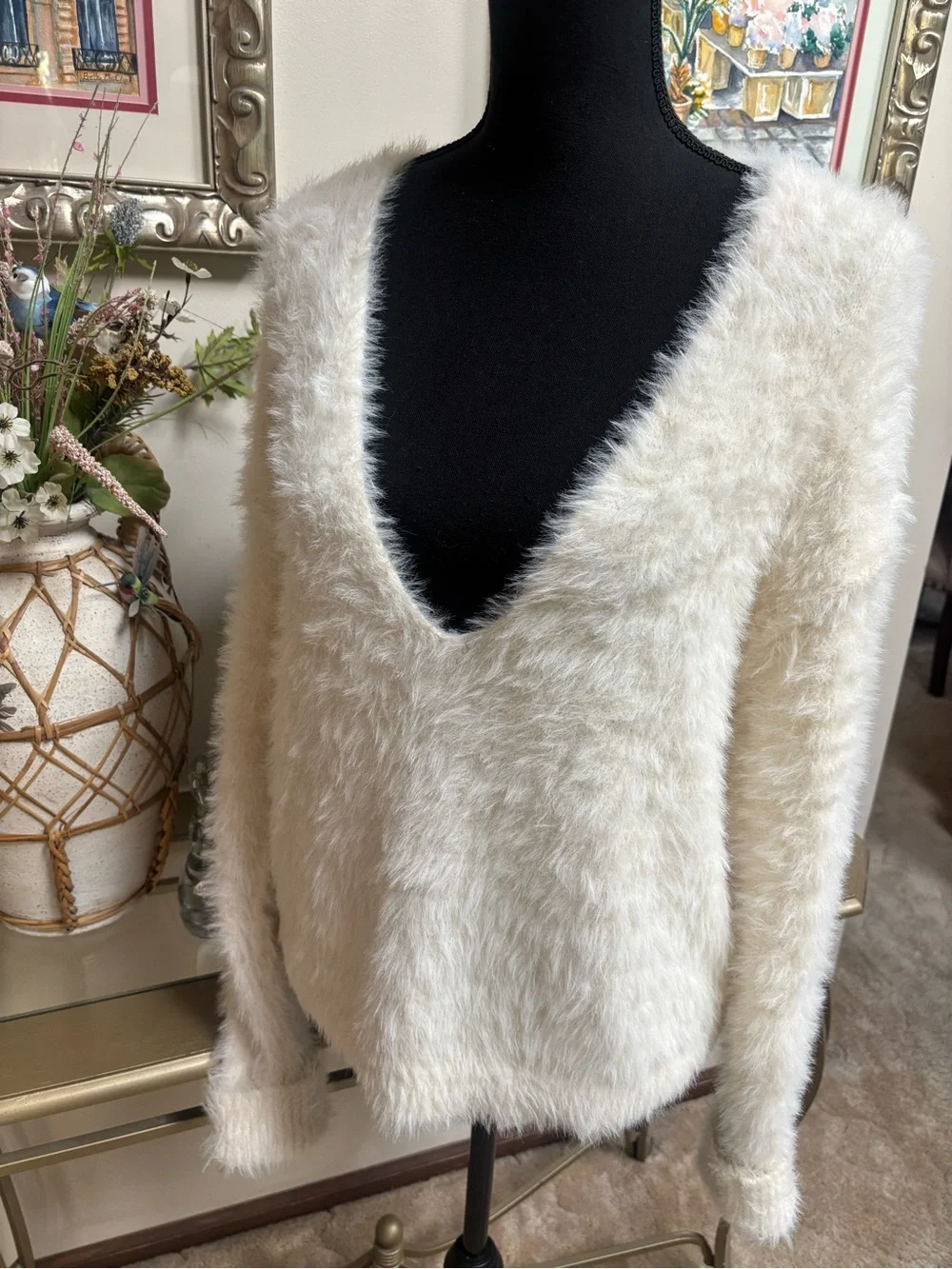 Free People Serendipity White Fuzzy Deep V-Neck Plush Sweater Oversized Size L